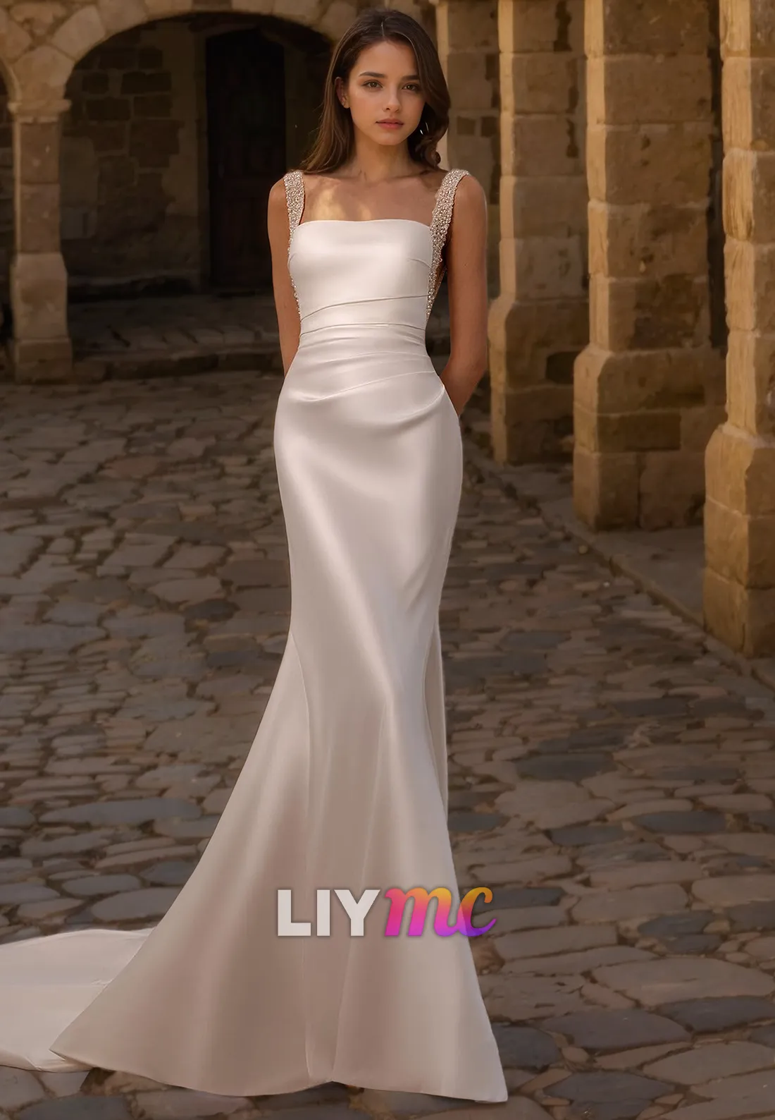 LW280 - Square Neck Beaded Satin Long Wedding Dress With Removable Train