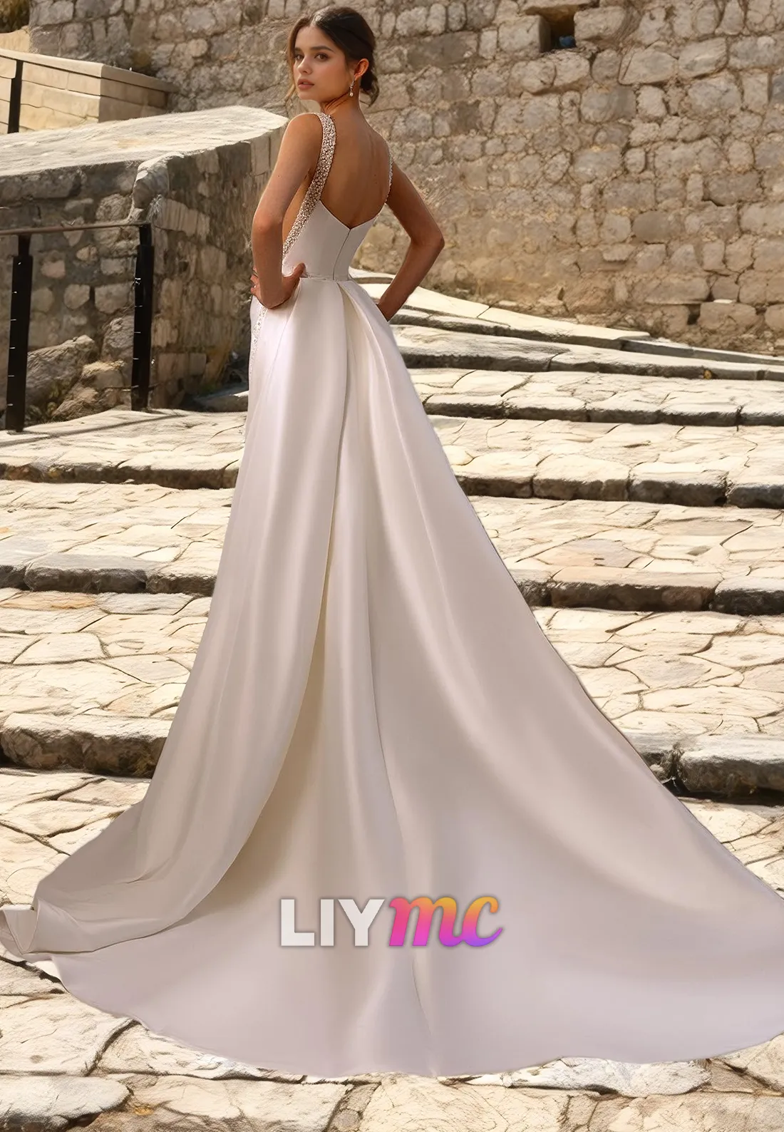 LW280 - Square Neck Beaded Satin Long Wedding Dress With Removable Train