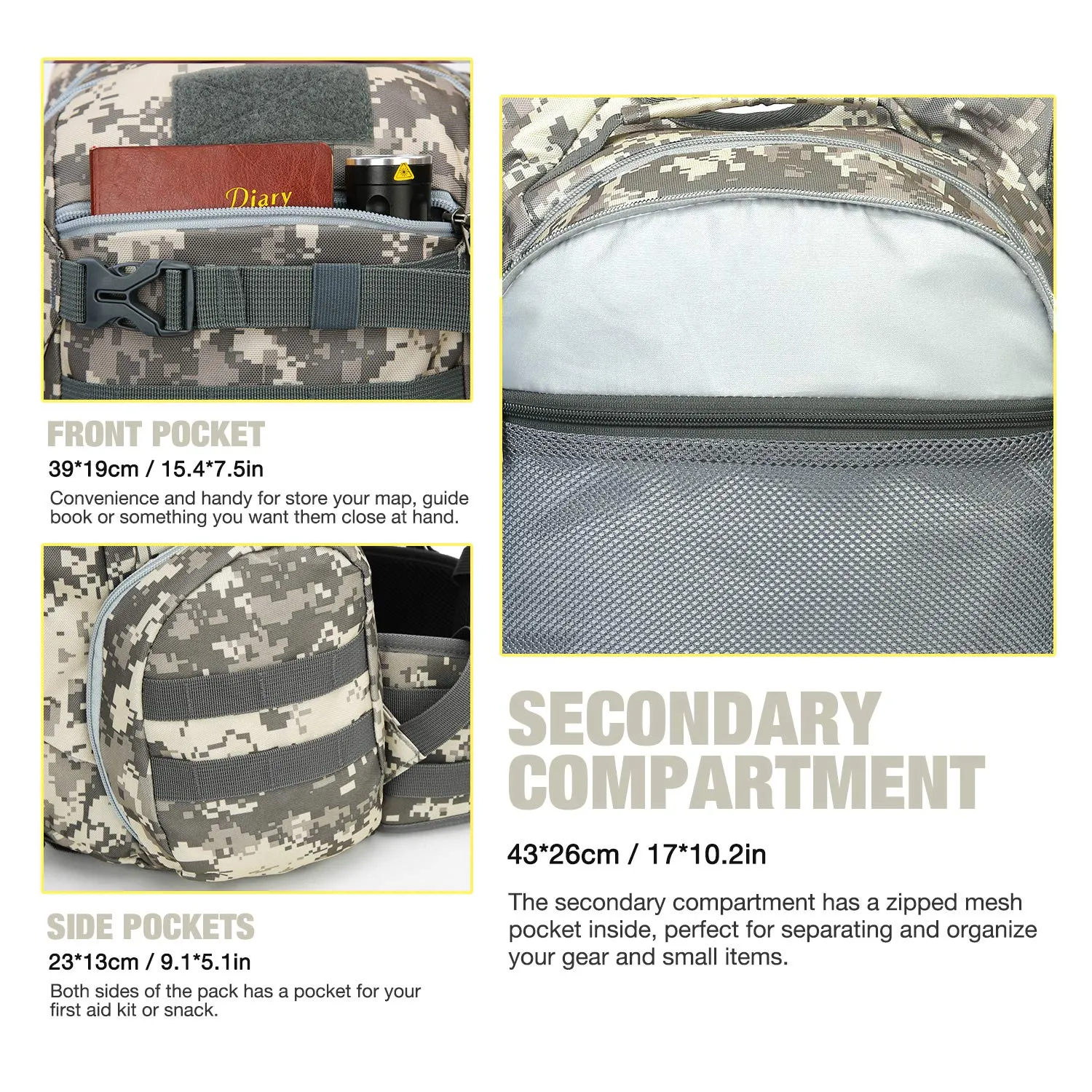 Mardingtop 28L Tactical Backpacks Molle Hiking daypacks for Camping Hiking Military Traveling 28L-Camo Khaki Grid