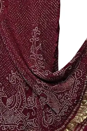 Maroon Bandhani Pure Gajji Silk Peacock Design Dupatta