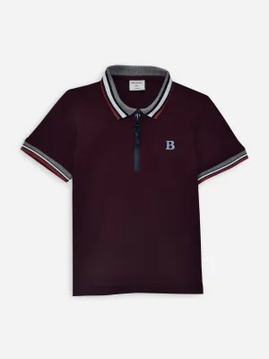 Maroon Interlock Zipper Polo With Contrasting Collar