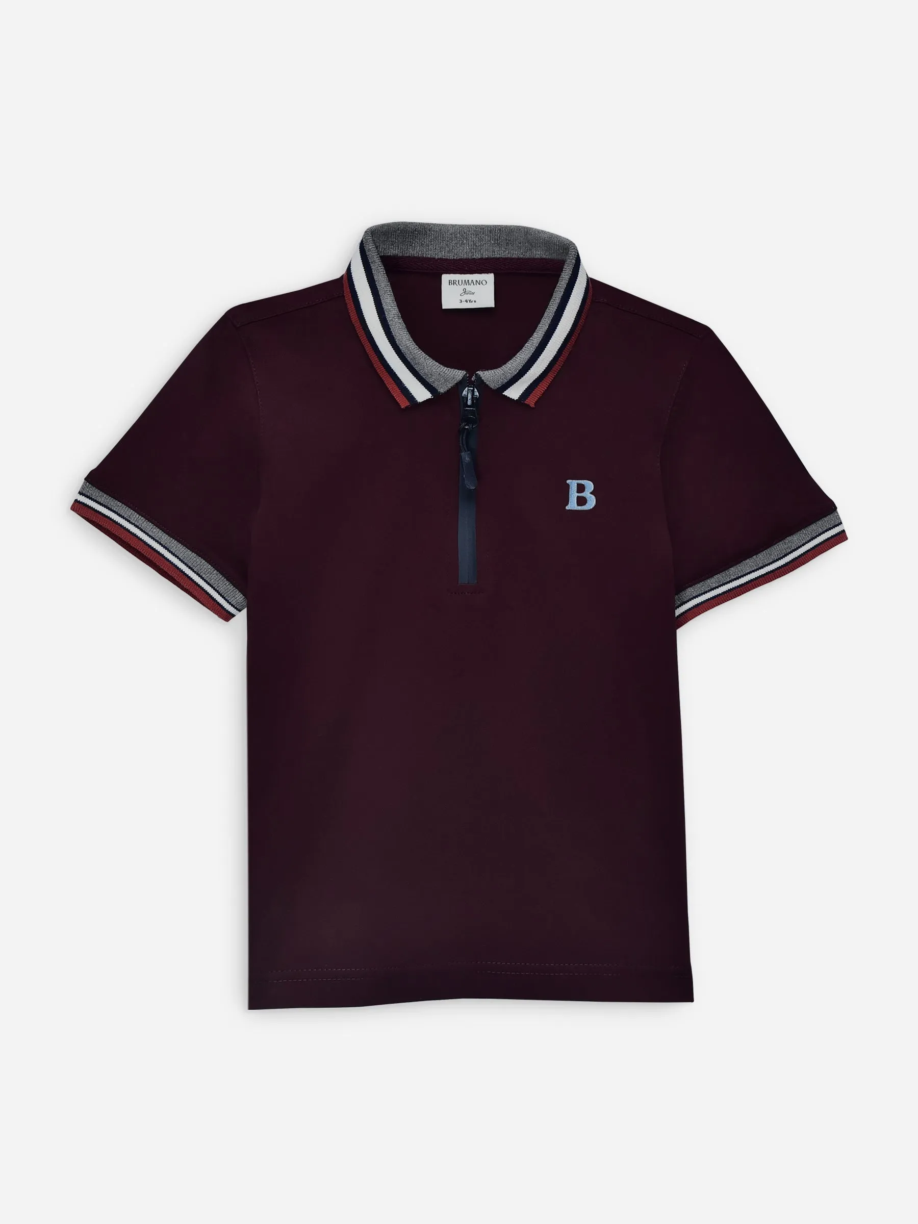 Maroon Interlock Zipper Polo With Contrasting Collar