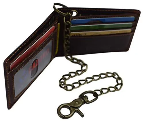 Mens Real Grained Leather Vintage Chained Wallet RFID Purse Credit Card Holder