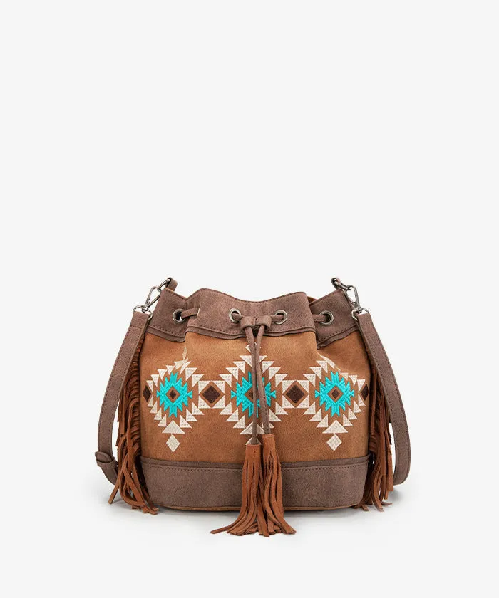 Montana West Aztec Fringe Bucket Bag Set