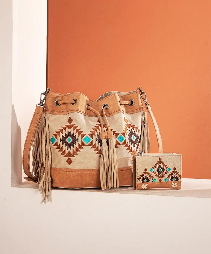 Montana West Aztec Fringe Bucket Bag Set