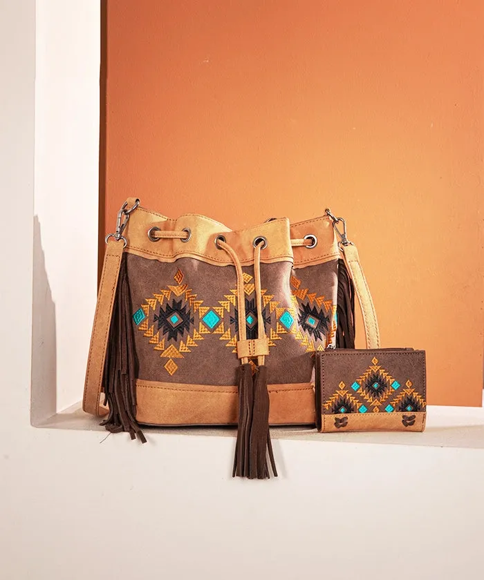Montana West Aztec Fringe Bucket Bag Set