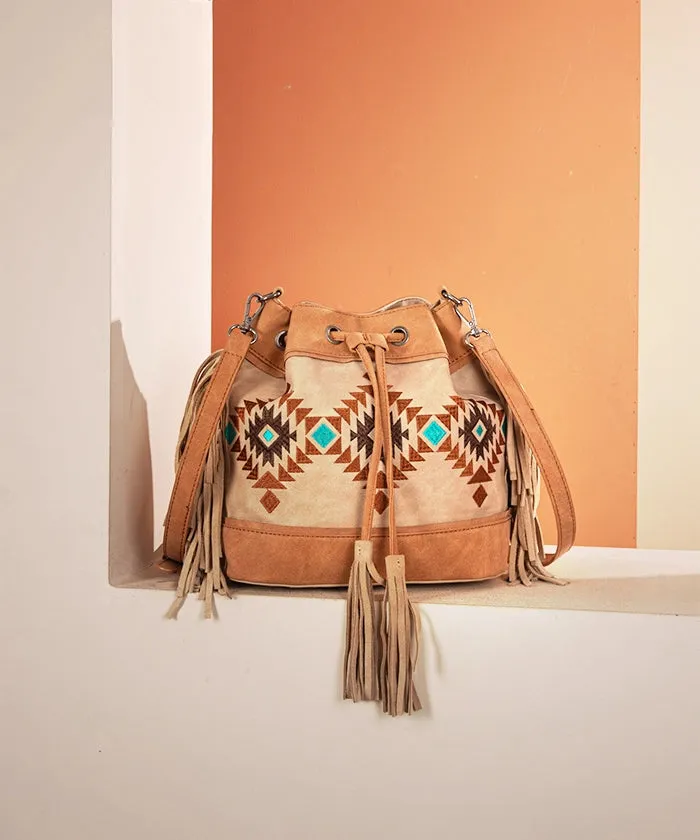 Montana West Aztec Fringe Bucket Bag Set