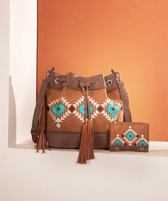 Montana West Aztec Fringe Bucket Bag Set