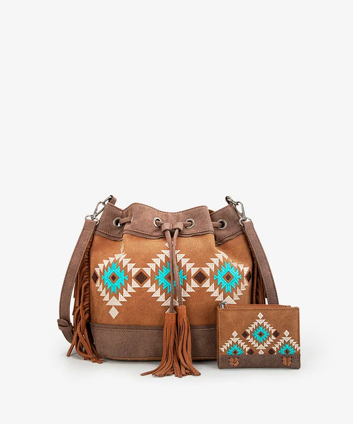 Montana West Aztec Fringe Bucket Bag Set