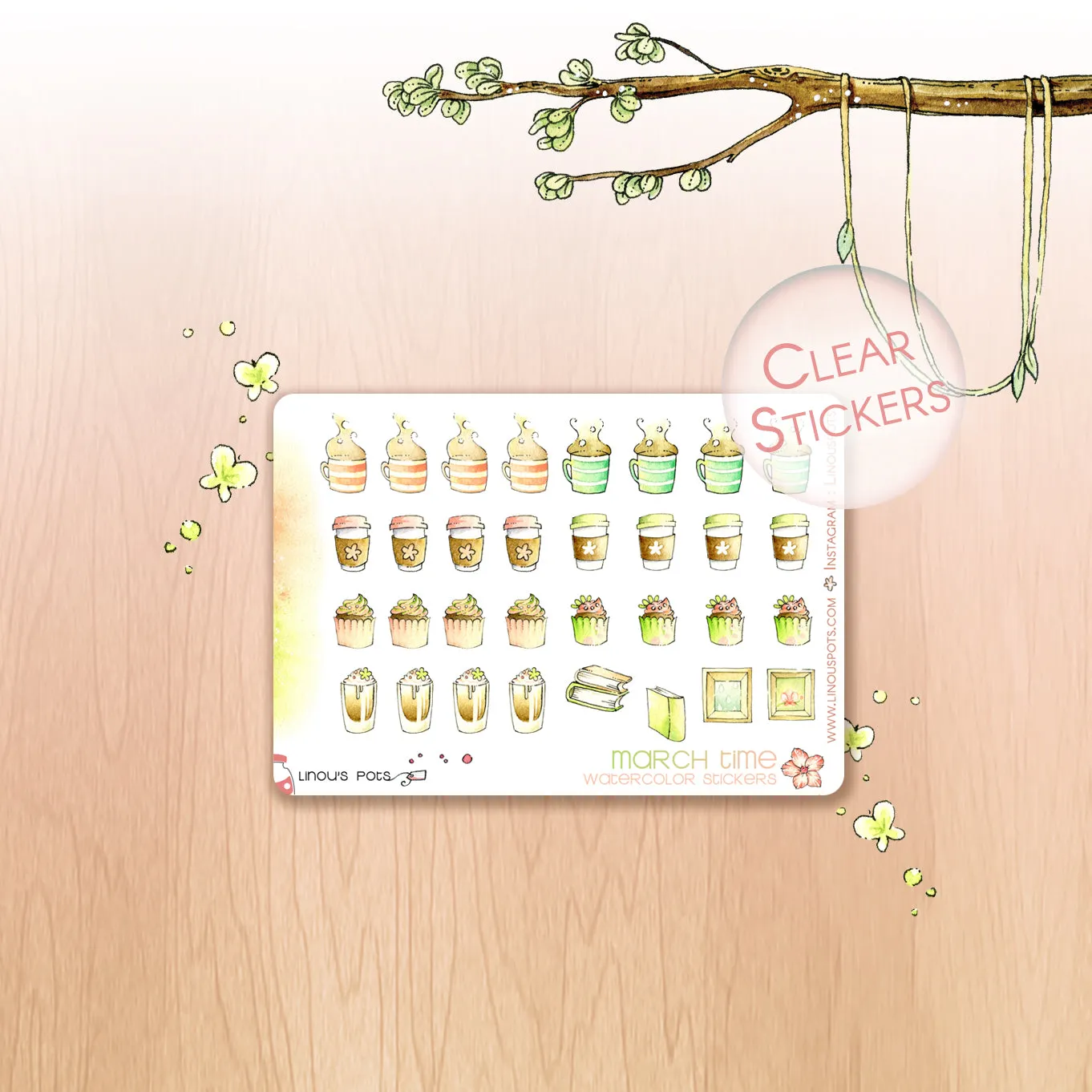 Off The Clock - Decorative Watercolor Stickers MINI - Hot Beverages & Cupcakes