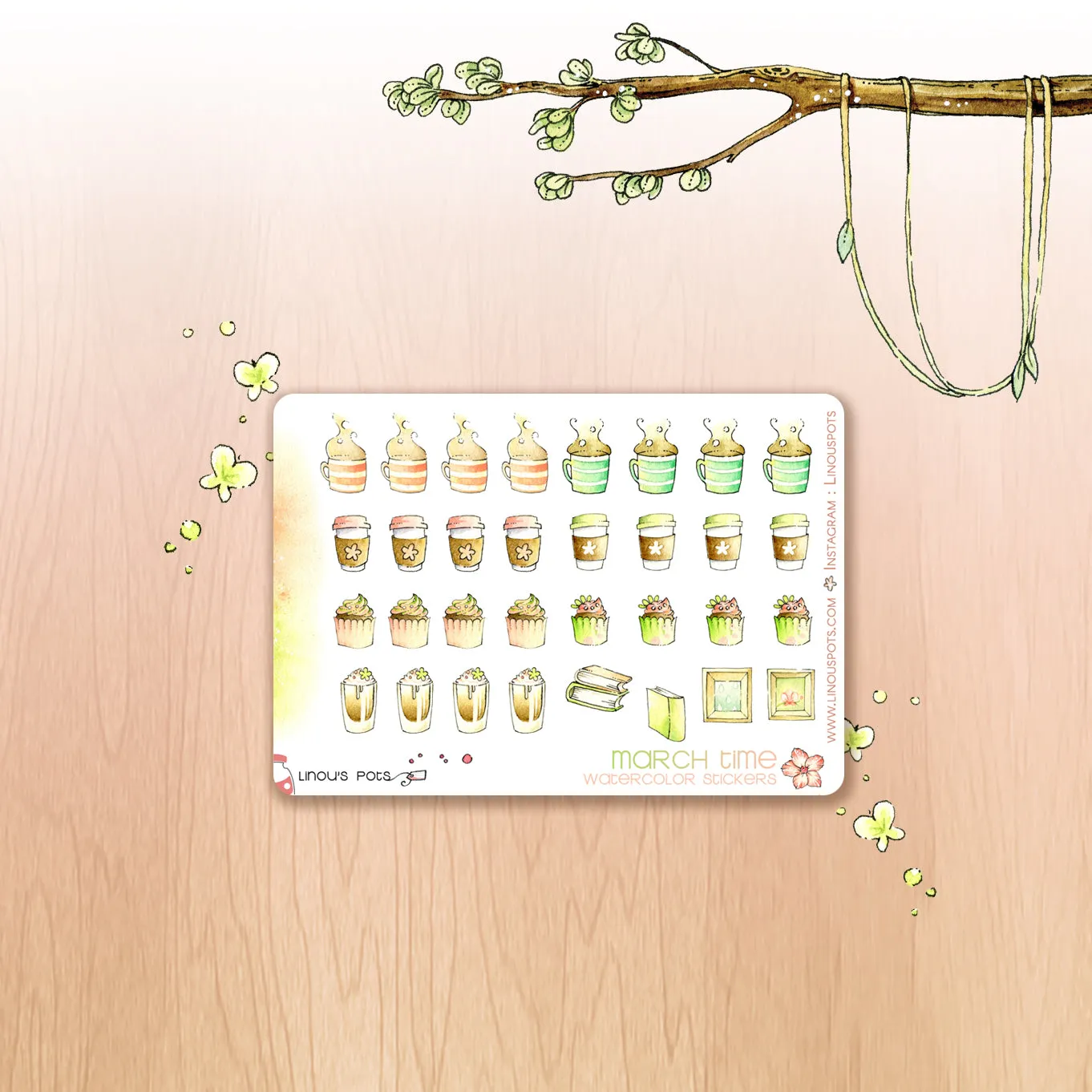 Off The Clock - Decorative Watercolor Stickers MINI - Hot Beverages & Cupcakes