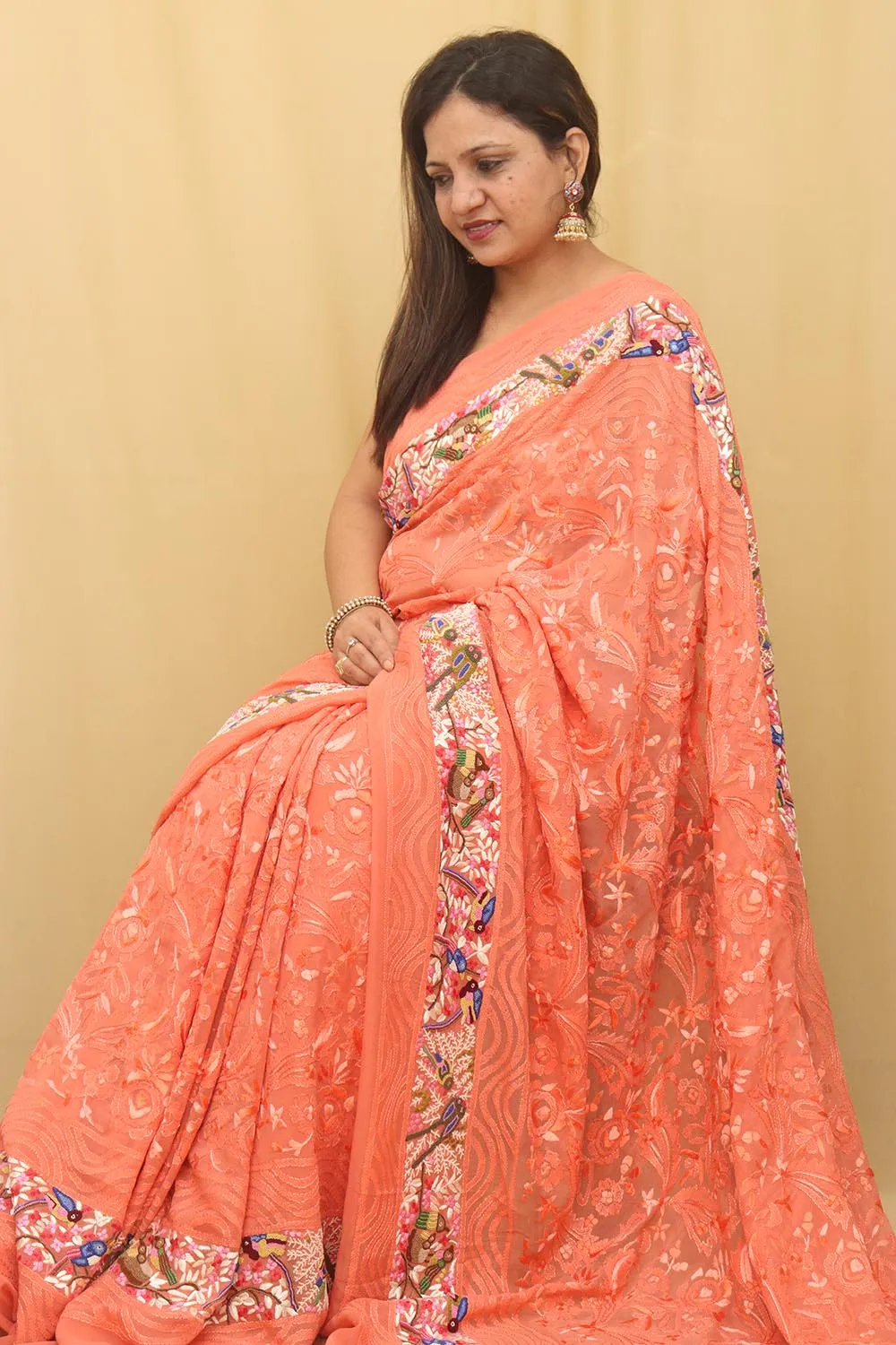 Orange Hand Embroidered Parsi Gara Pure Georgette with French Knot Work Saree