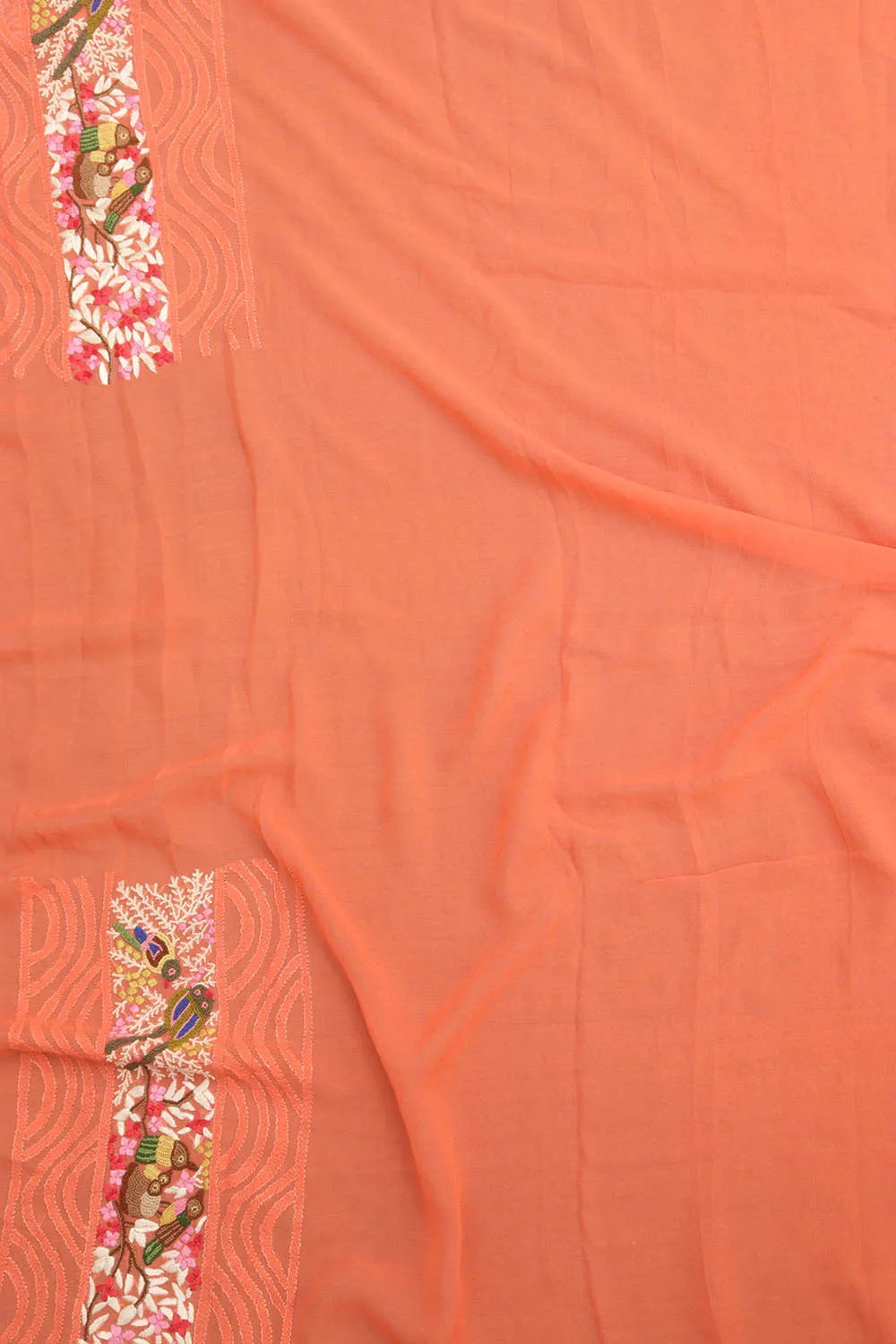 Orange Hand Embroidered Parsi Gara Pure Georgette with French Knot Work Saree
