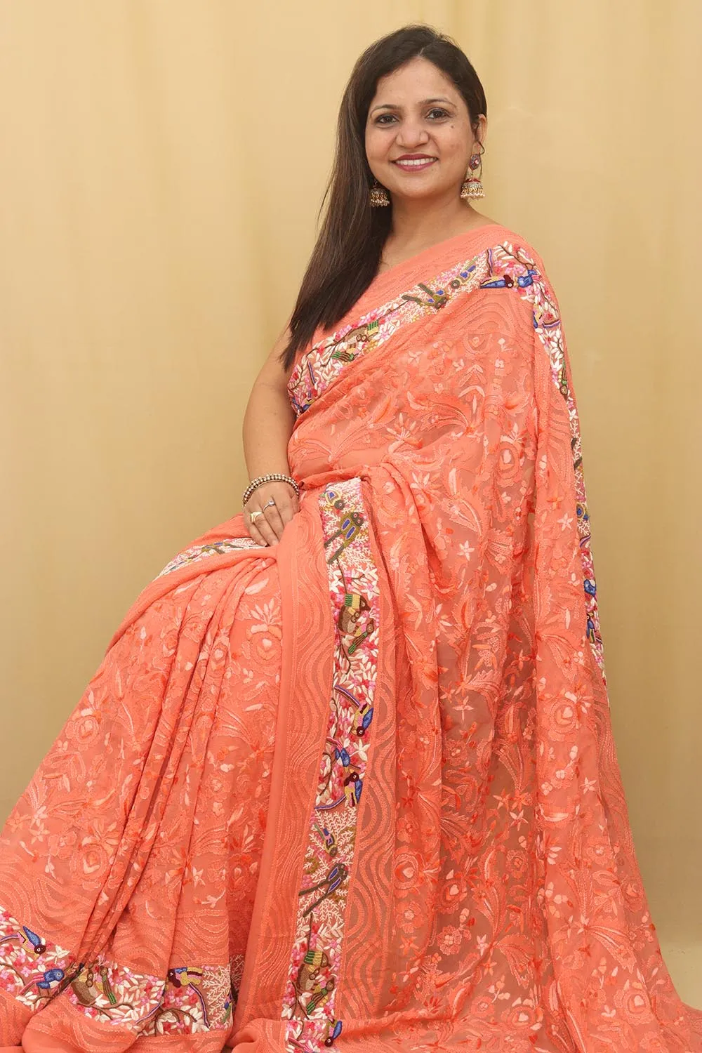 Orange Hand Embroidered Parsi Gara Pure Georgette with French Knot Work Saree