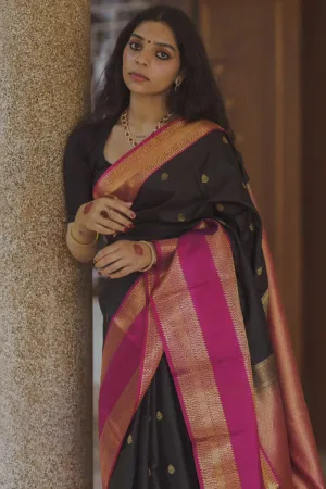 Ornate Black Soft Silk Saree With Resplendent Blouse Piece