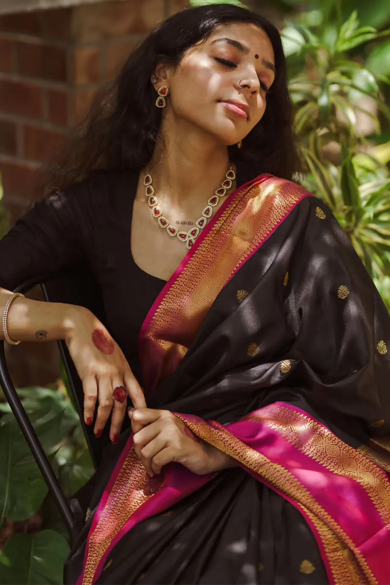 Ornate Black Soft Silk Saree With Resplendent Blouse Piece
