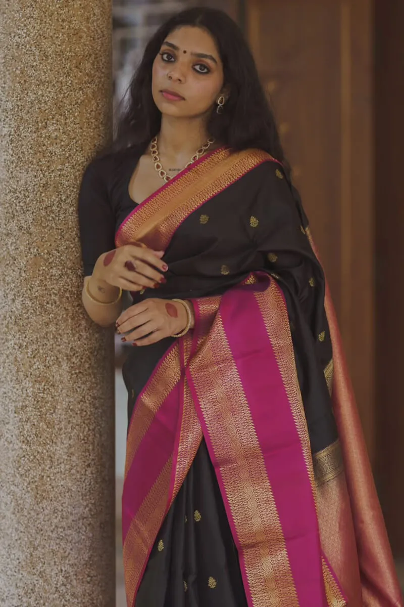 Ornate Black Soft Silk Saree With Resplendent Blouse Piece