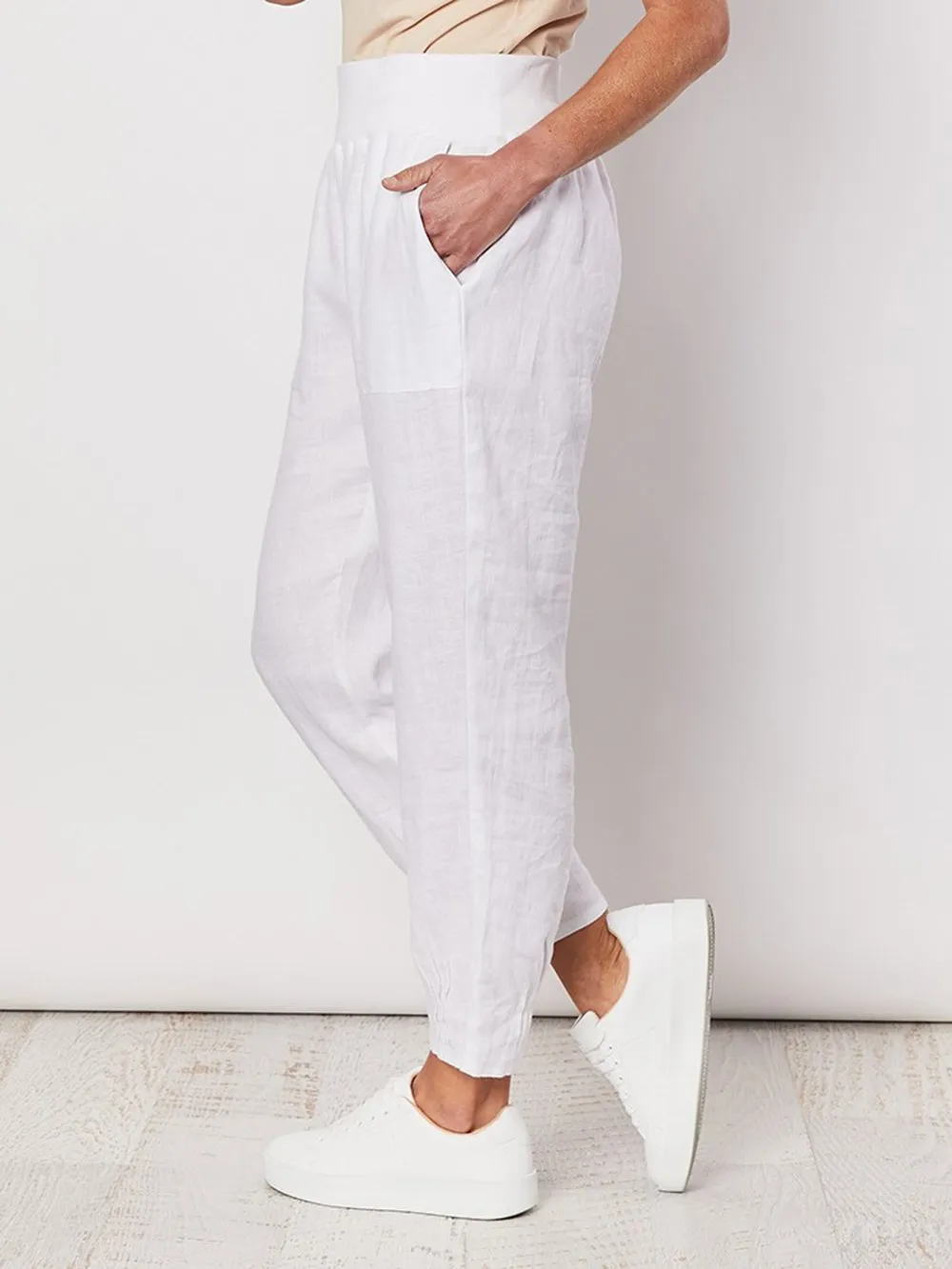 Pants White Linen Ribbed Waist