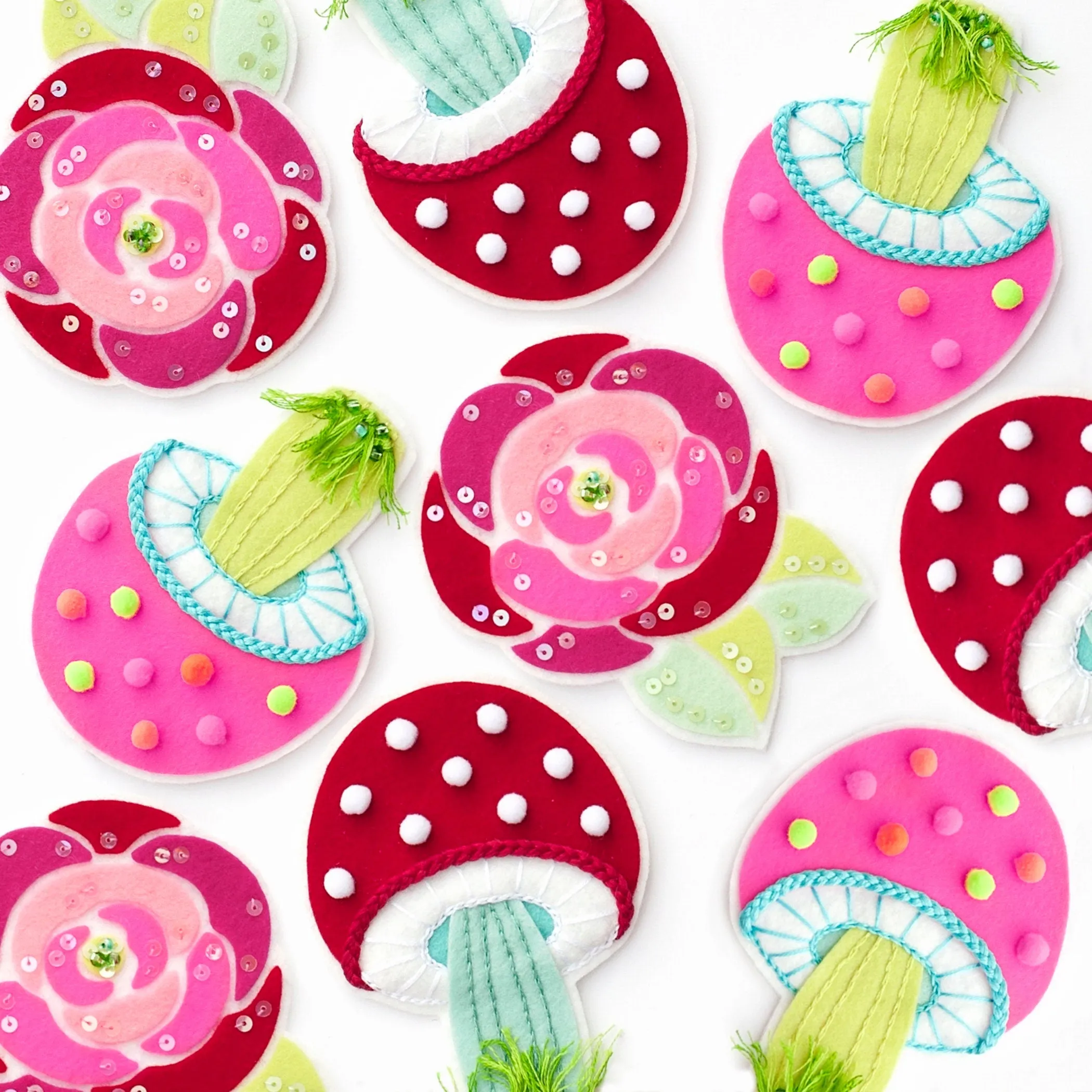 Pink Cutie Mushroom Wool Felt Ornament PDF Pattern