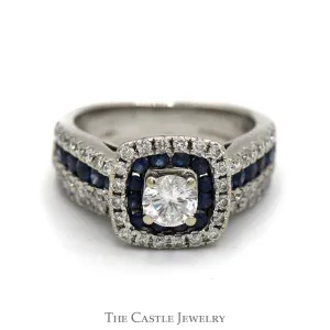 RBC Diamond Bridal Set with Sapphire Halo & Mounting in 14K WG