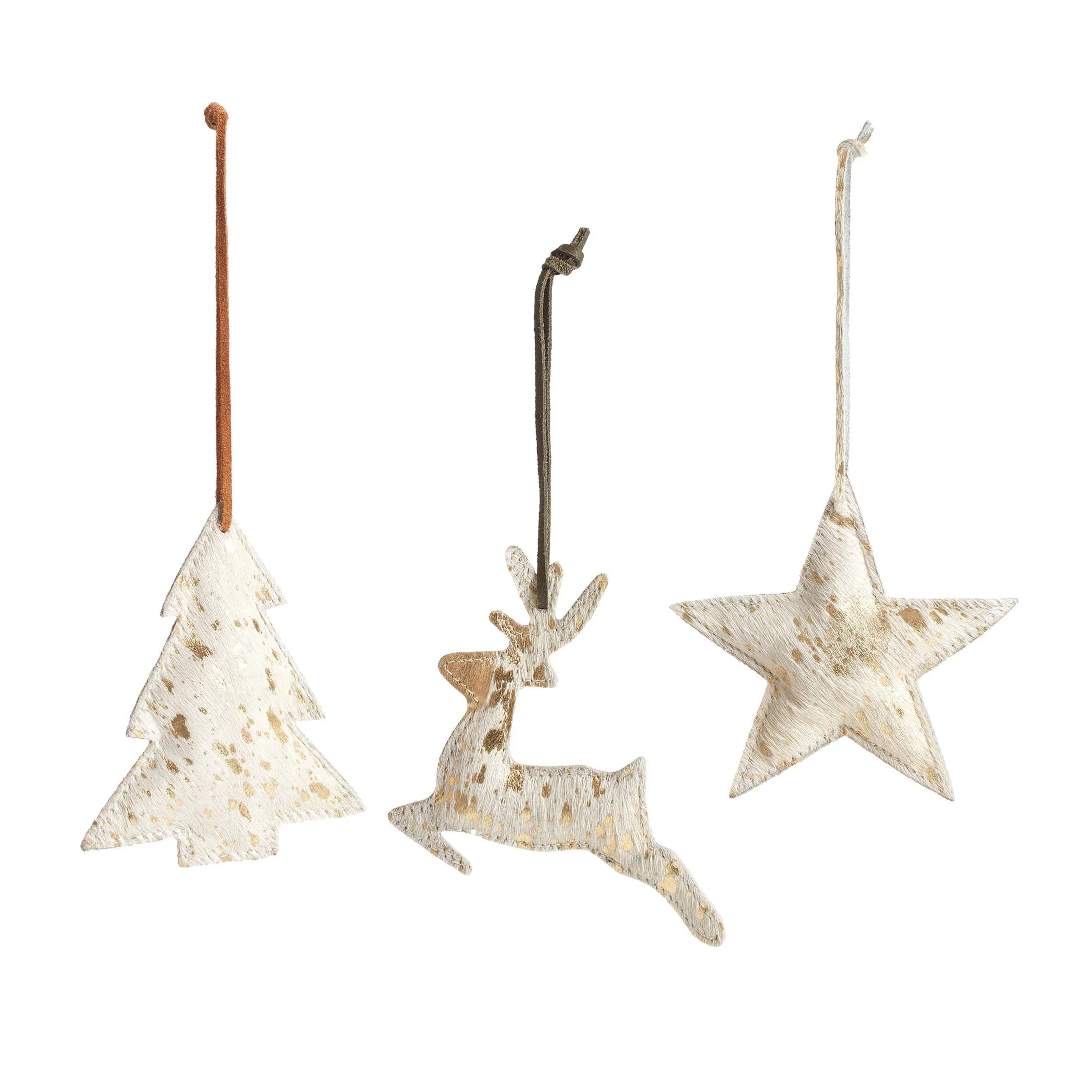 Recycled Cowhide & Leather Gold Ornaments/Set of 3