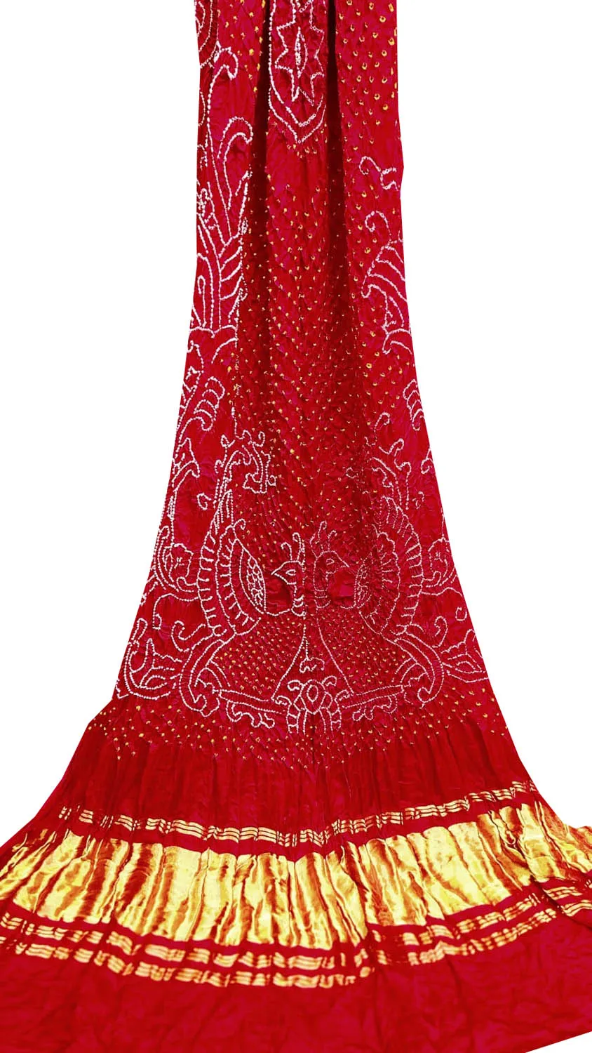 Red Bandhani Pure Gajji Silk Peacock Design Dupatta