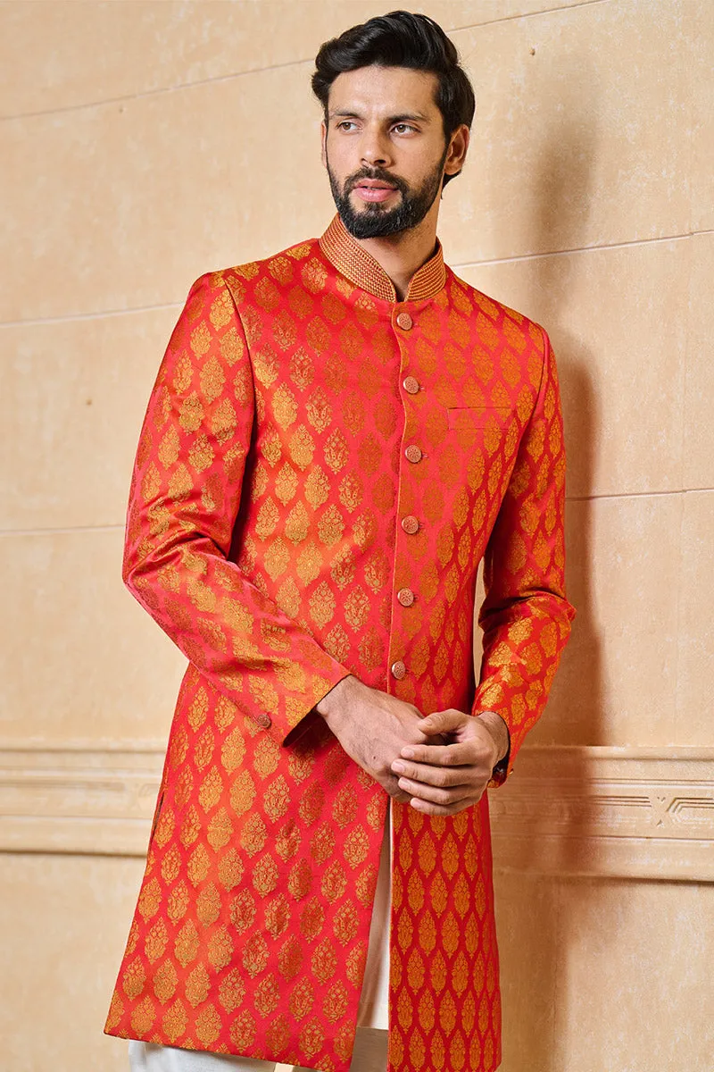 Red Classic Brocade Achkan