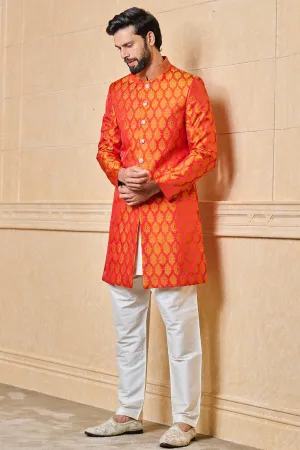 Red Classic Brocade Achkan