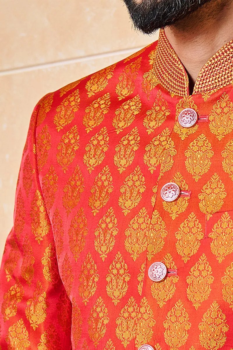 Red Classic Brocade Achkan