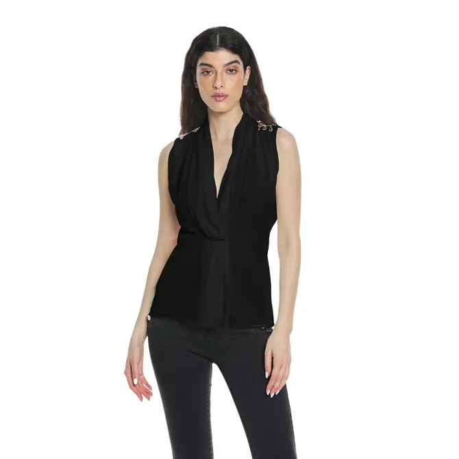 Relish Blusa RUWAYD mezza manica aletta scollo incrocio con pieghe più applicazioni spalle RDP2403009025 nero