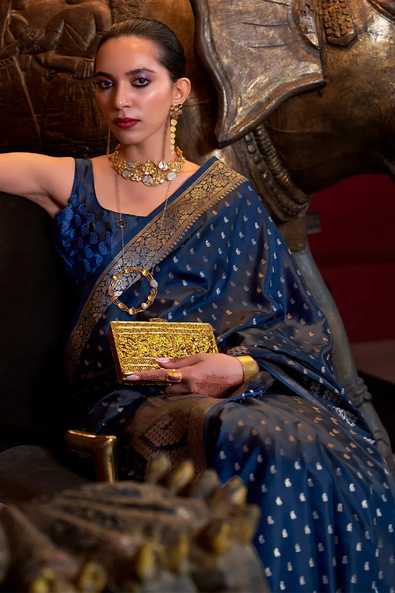 Resplendent Navy Blue Banarasi Satin Silk Saree With Enigmatic Blouse
