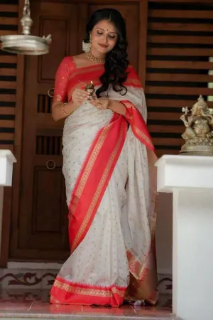 Resplendent Off White Soft Silk Saree With Inimitable Blouse Piece