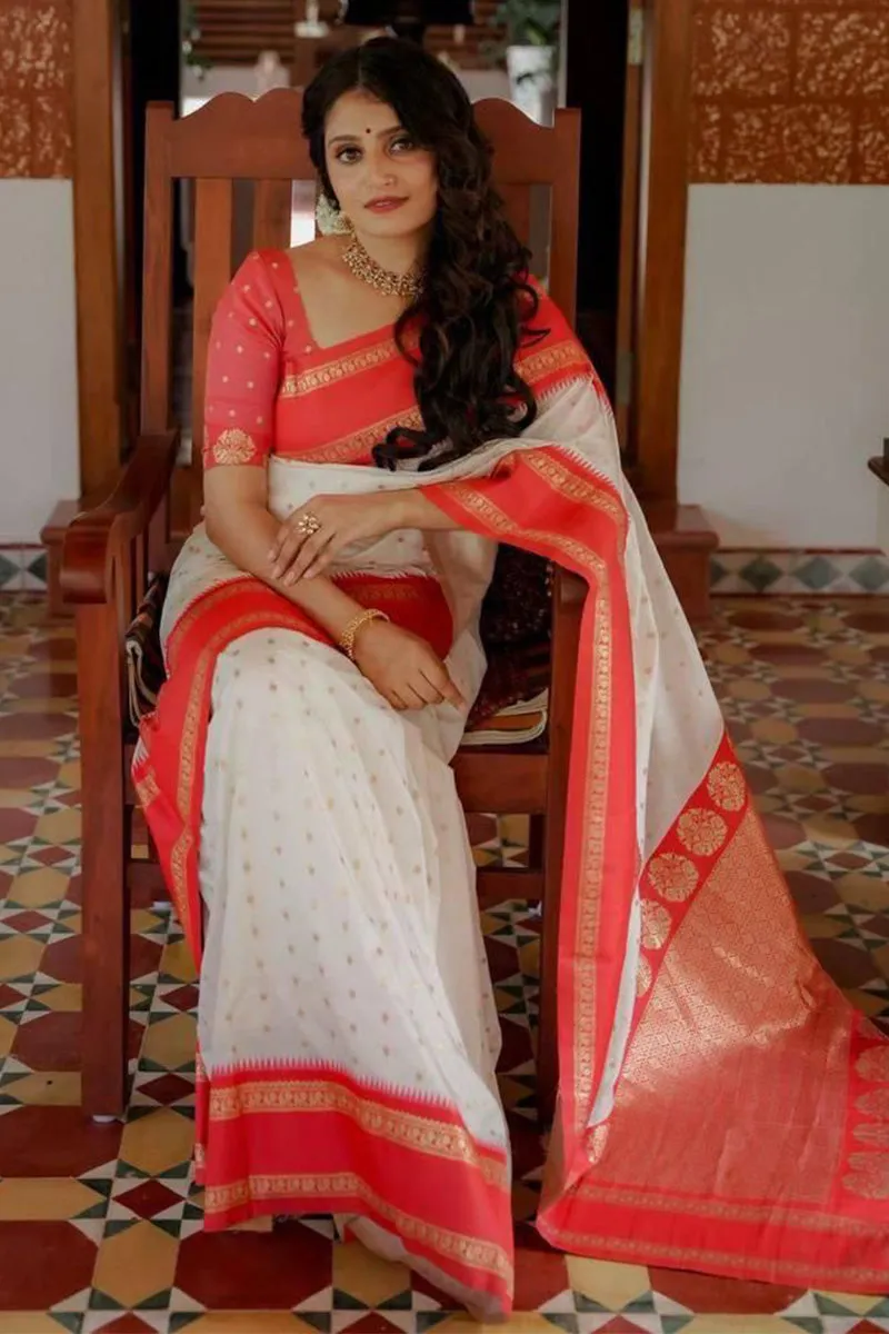 Resplendent Off White Soft Silk Saree With Inimitable Blouse Piece