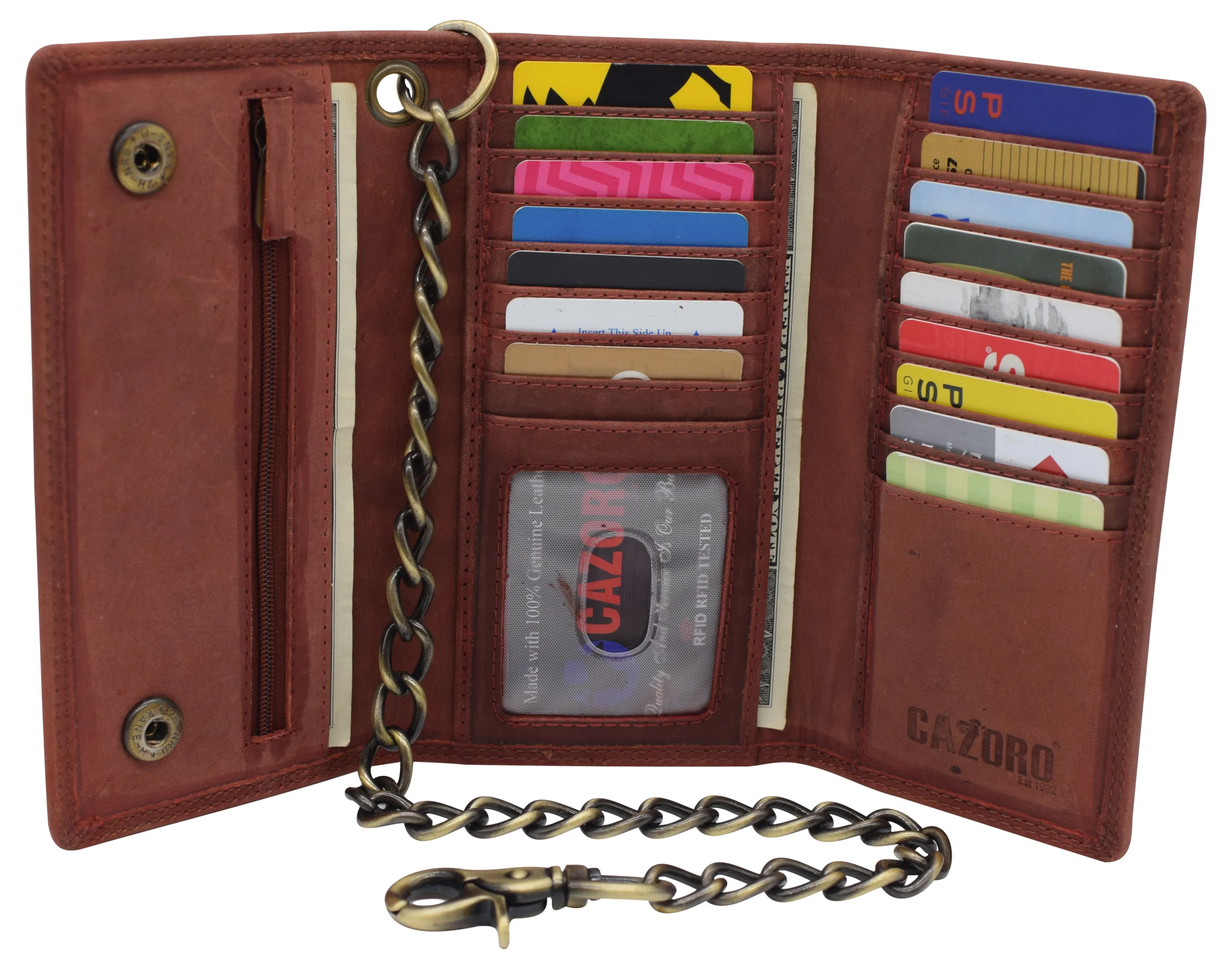 RFID Blocking Men's Biker Vintage Brown Genuine Leather Long Tri-fold Chain Wallet RFID1646HCH