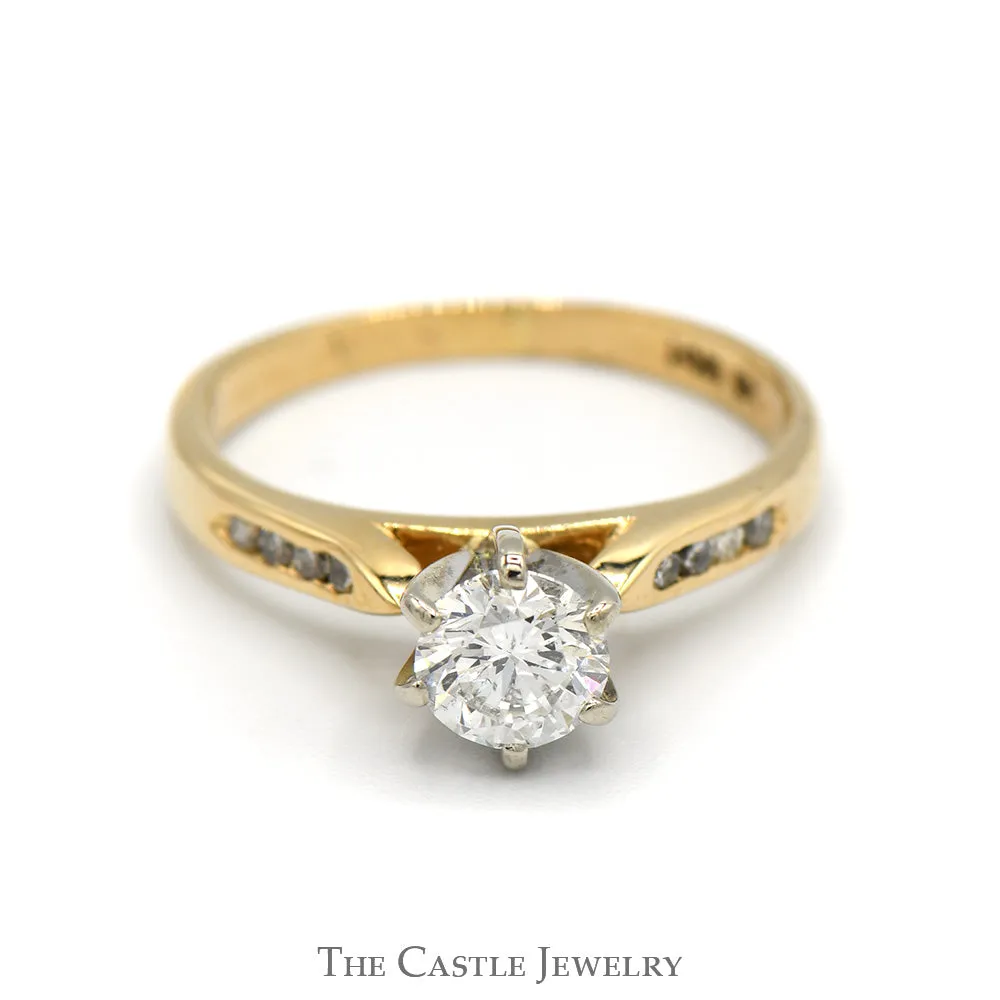 Round Brilliant Cut Diamond Solitaire Engagement Ring with Channel Set Accents in 14k Yellow Gold