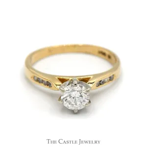 Round Brilliant Cut Diamond Solitaire Engagement Ring with Channel Set Accents in 14k Yellow Gold