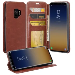 Samsung Galaxy S9 Case, SM-G960U Wallet Case, Pu Leather Wallet Case [Kickstand] with ID & Credit Card Slots - Brown