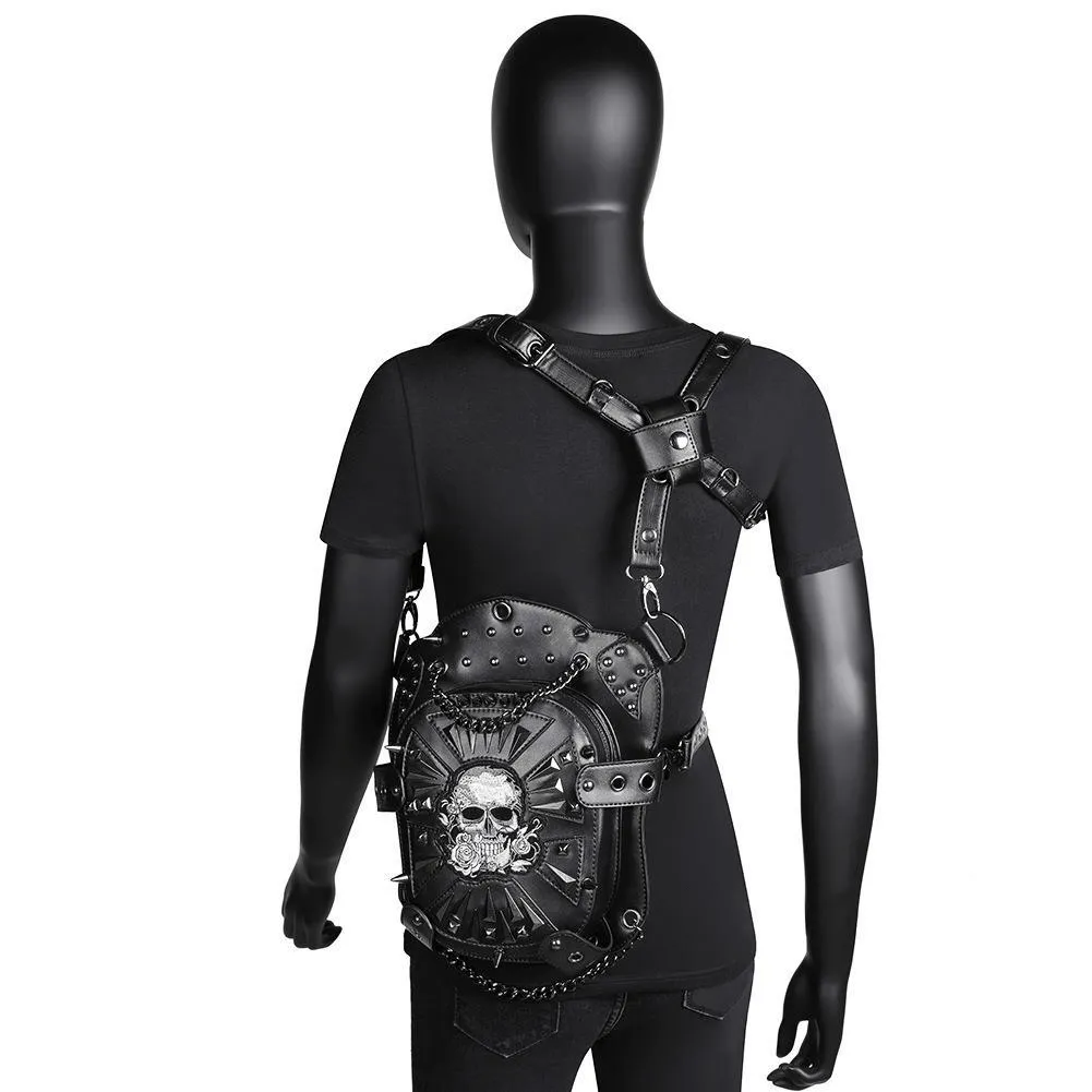 Steampunk Skeleton Pattern Shoulder Waist Bags / PU Leather Motorcycle Bag