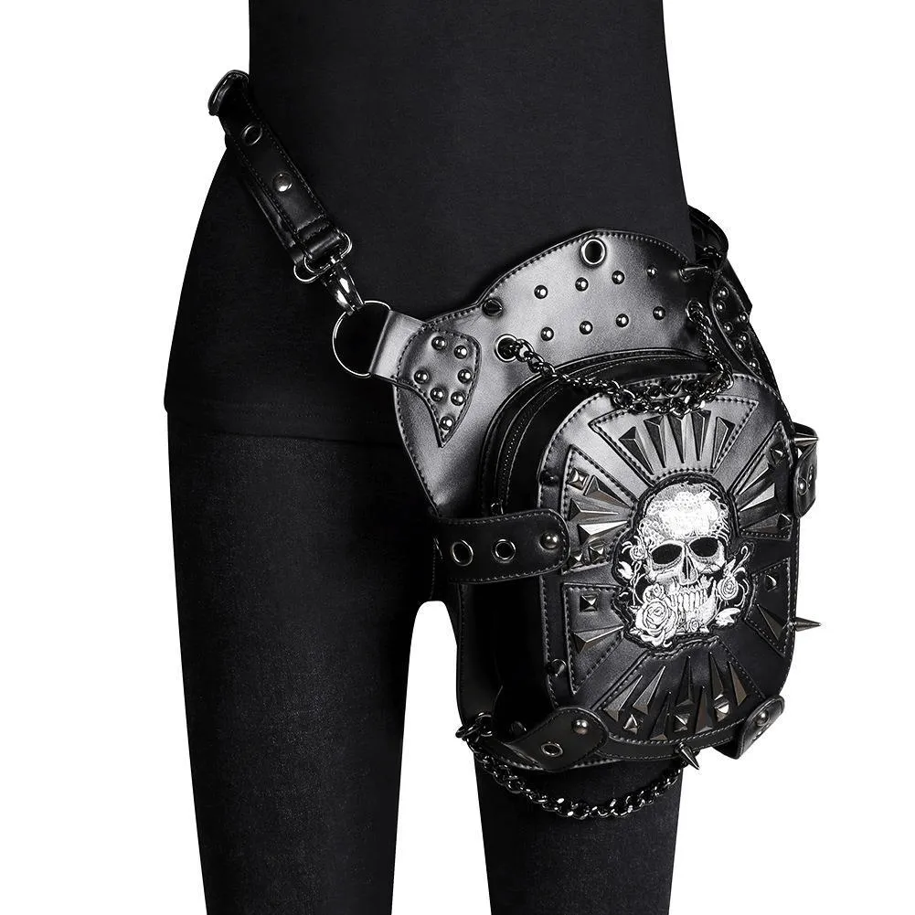 Steampunk Skeleton Pattern Shoulder Waist Bags / PU Leather Motorcycle Bag