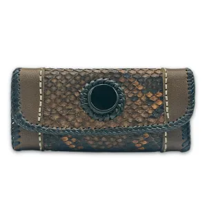 Trifecta Snakeskin Artisan Whipstitch Clutch in Taupe and Obsidian Stone Accent