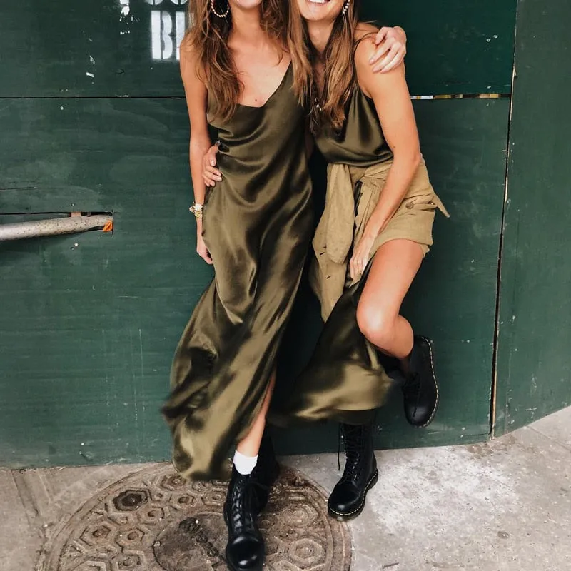 VenusFox Sexy Satin Backless Side Split Maxi Dress