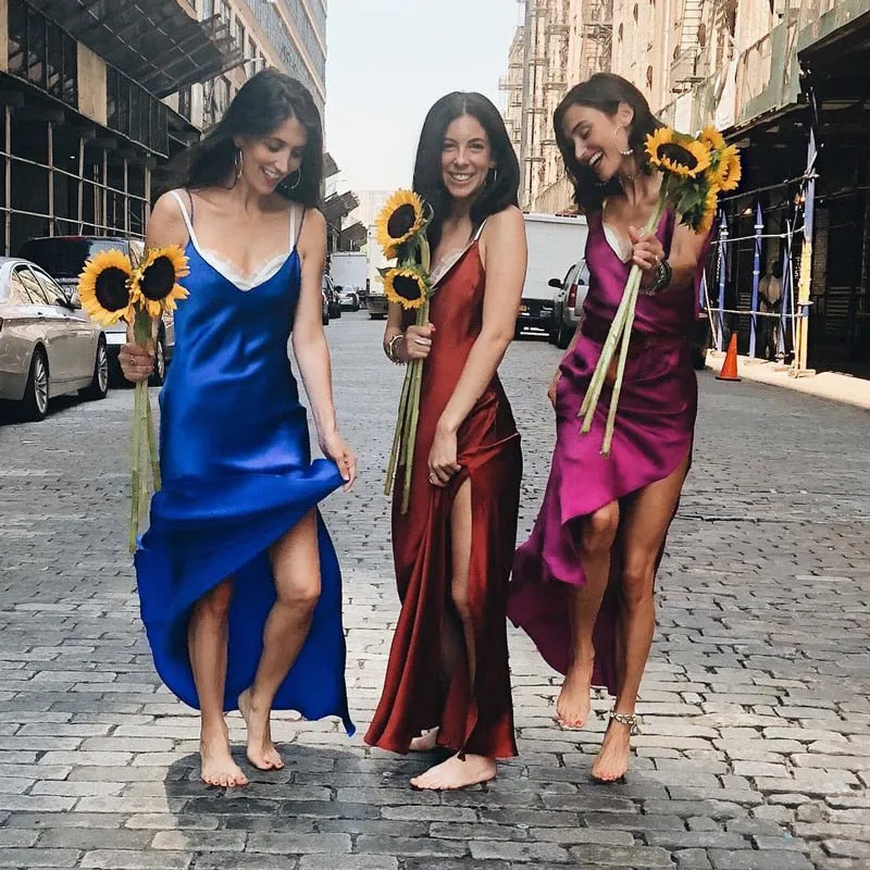 VenusFox Sexy Satin Backless Side Split Maxi Dress