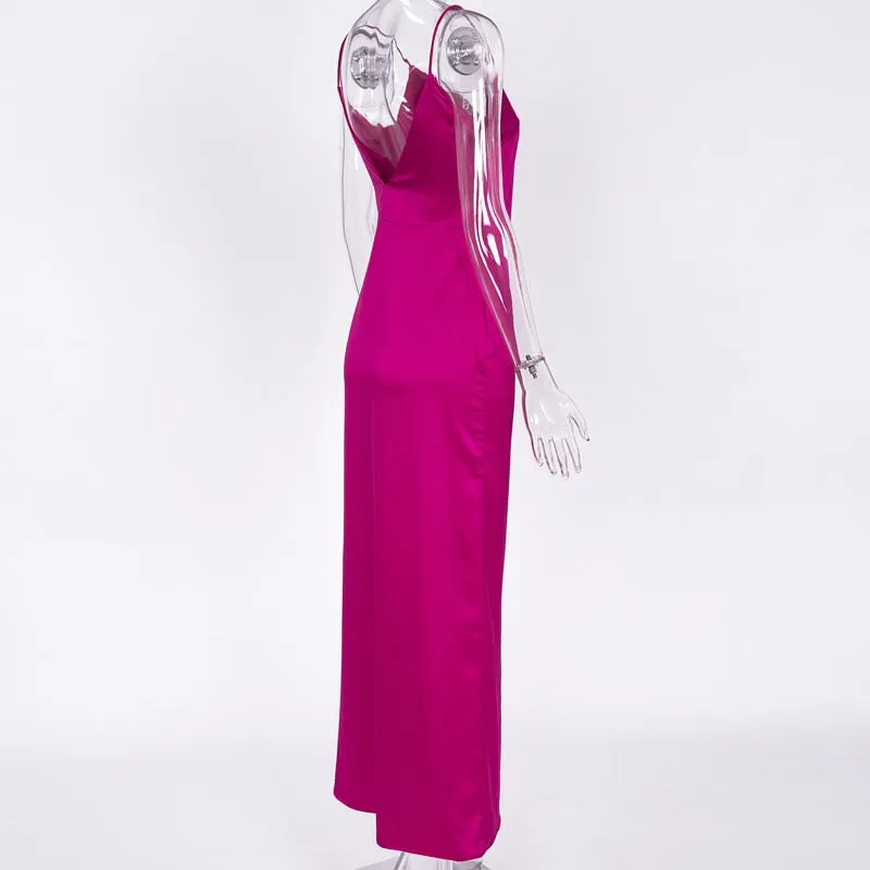 VenusFox Sexy Satin Backless Side Split Maxi Dress
