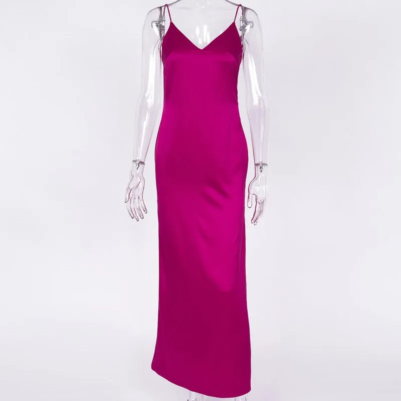 VenusFox Sexy Satin Backless Side Split Maxi Dress