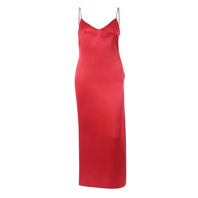 VenusFox Sexy Satin Backless Side Split Maxi Dress