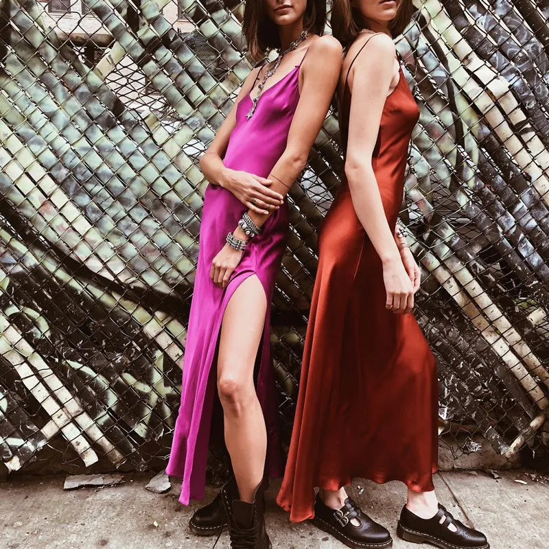VenusFox Sexy Satin Backless Side Split Maxi Dress