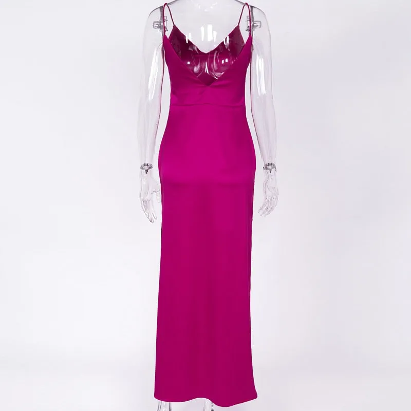 VenusFox Sexy Satin Backless Side Split Maxi Dress