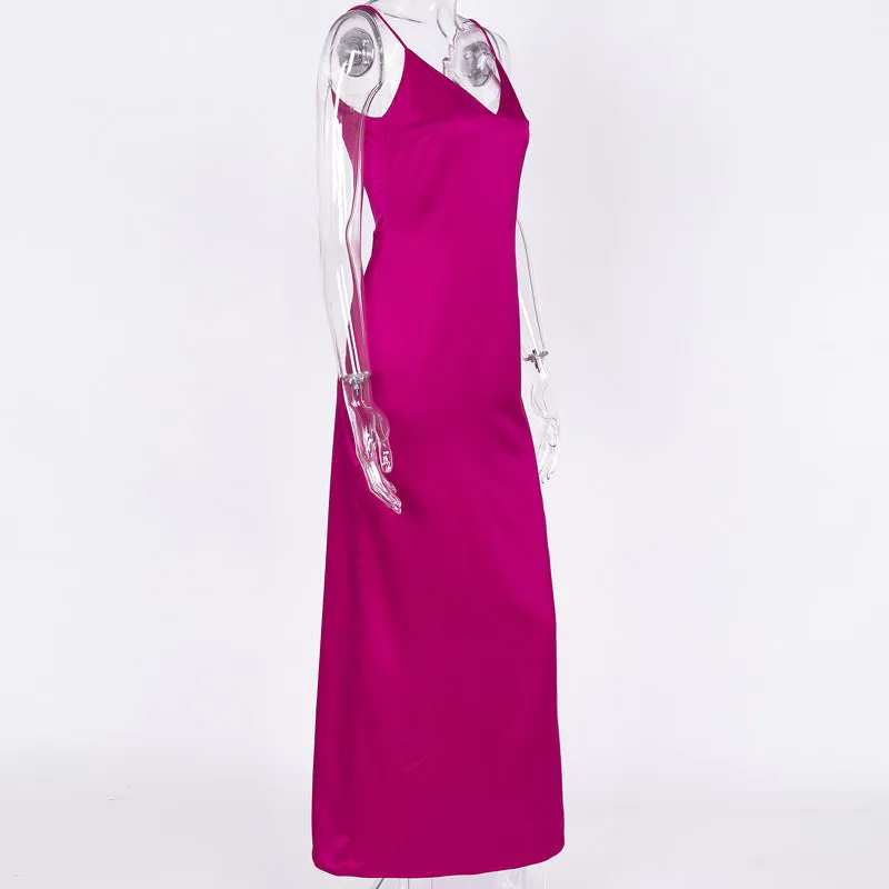 VenusFox Sexy Satin Backless Side Split Maxi Dress