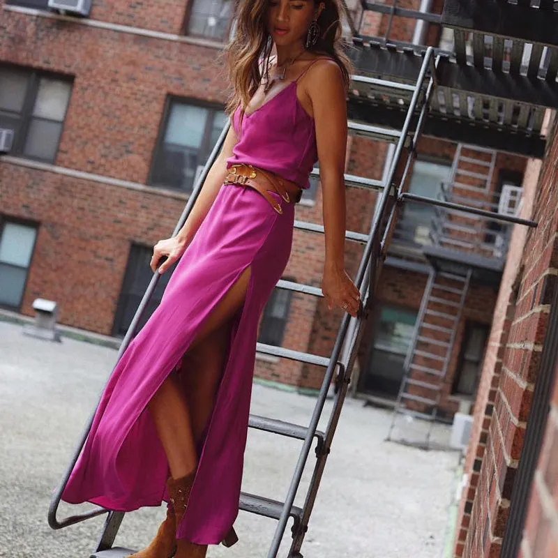 VenusFox Sexy Satin Backless Side Split Maxi Dress
