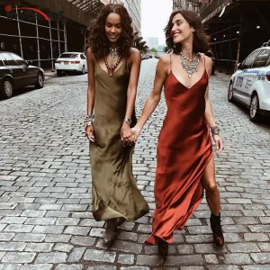 VenusFox Sexy Satin Backless Side Split Maxi Dress